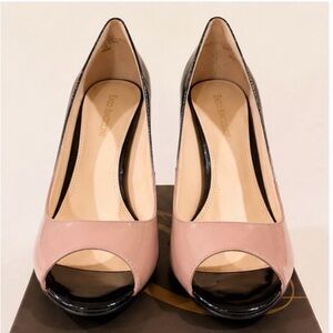 Enzo Angiolini Blush Pink Patent Peep-Toe Heels with Black Toe